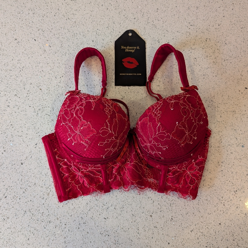 Honey Birdette Madame red/creme bra 32C and S thong